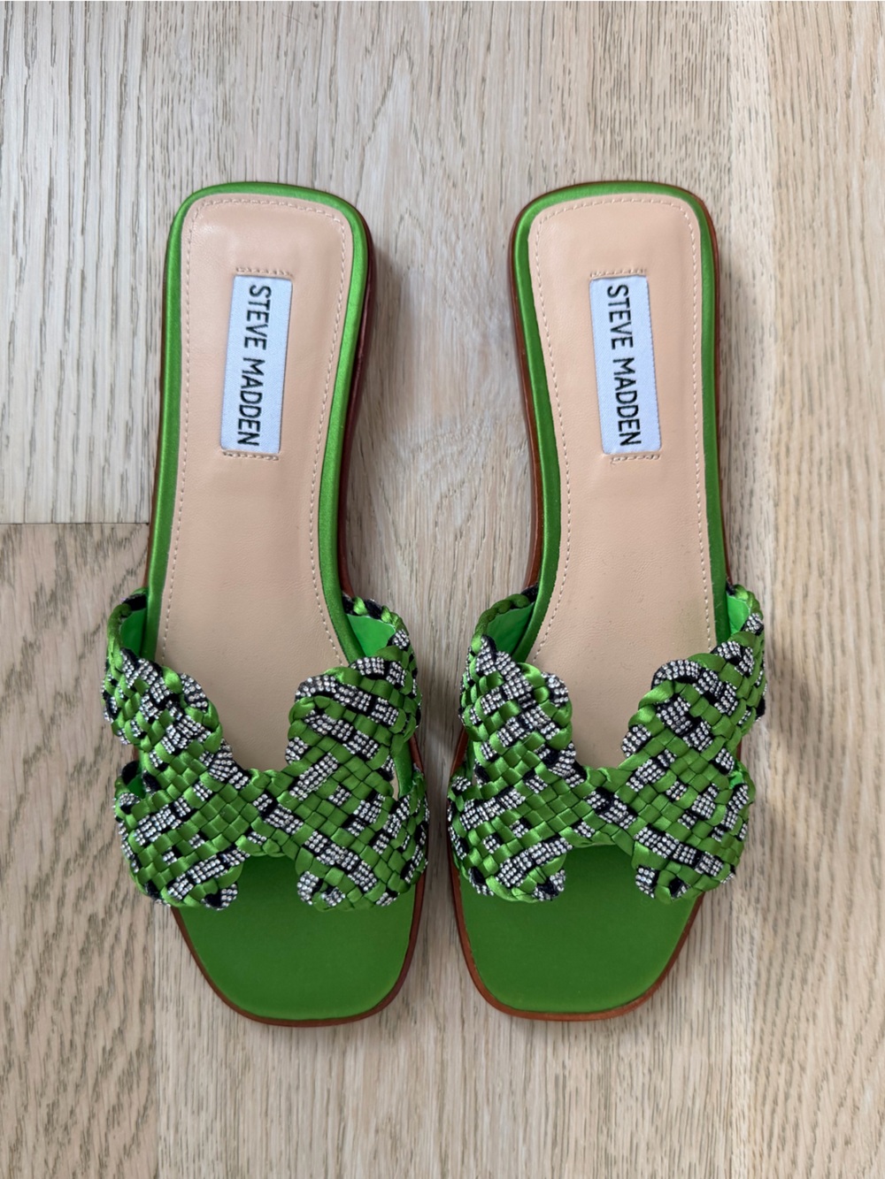 NWT Steve Madden Lime Green Rhinestone Braided Slide Sandals